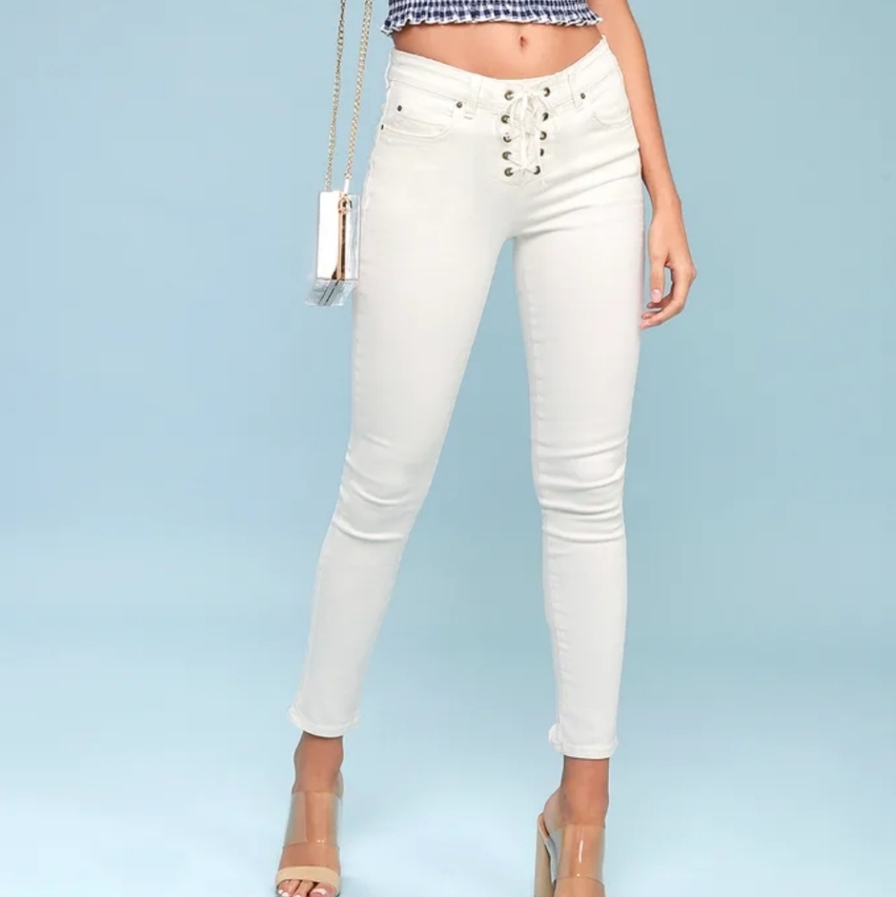 White tie up skinny jeans